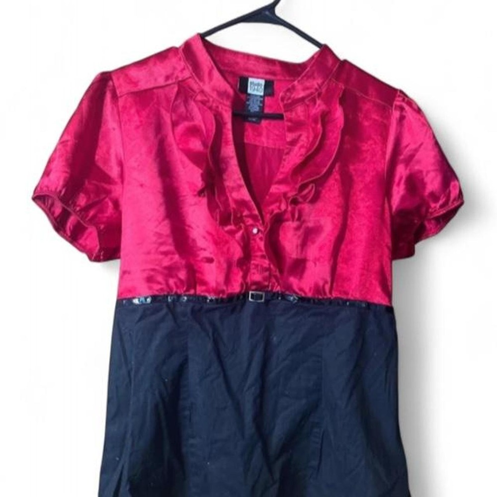 Studio 1940 Vintage Red Satin Ruffle Blouse Black Belted Peplum Top L